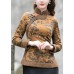 Chinese Style coffee side open Stand Collar button Print Fine Cotton Filled tops Winter