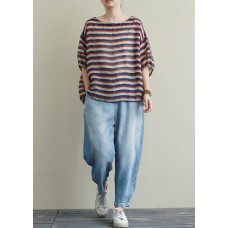 New casual suit female loose large size red and blue striped T-shirt Tencel blue jeans two-piece suit