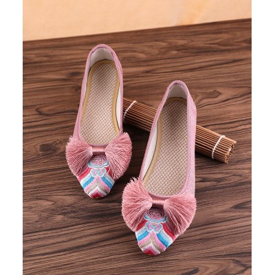 Retro Pink Embroideried Tassel Cotton Fabric Flat Shoes For Women