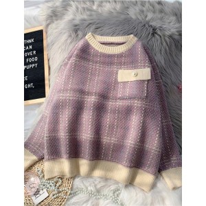 Chunky light purple plaid knitted blouse plus size o neck patchwork top