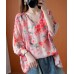 Handmade v neck summer Shirts Wardrobes red print blouses